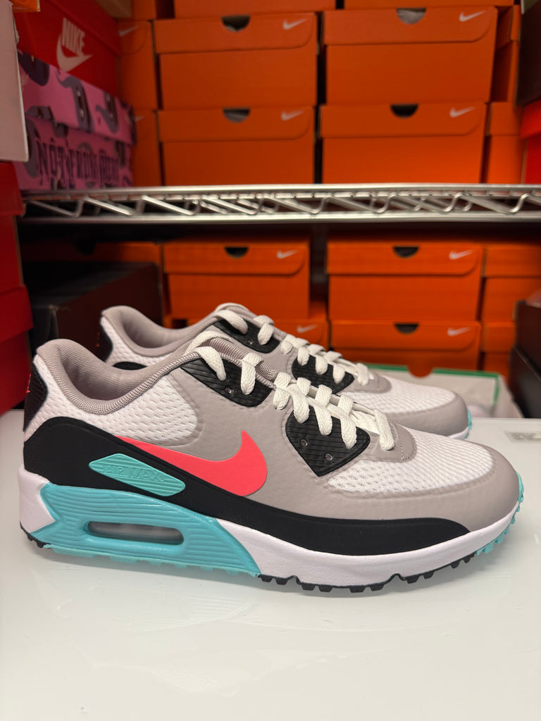 Nike Men's Air Max 90 Golf Shoes White Grey Black Hot Punch CU9978-133