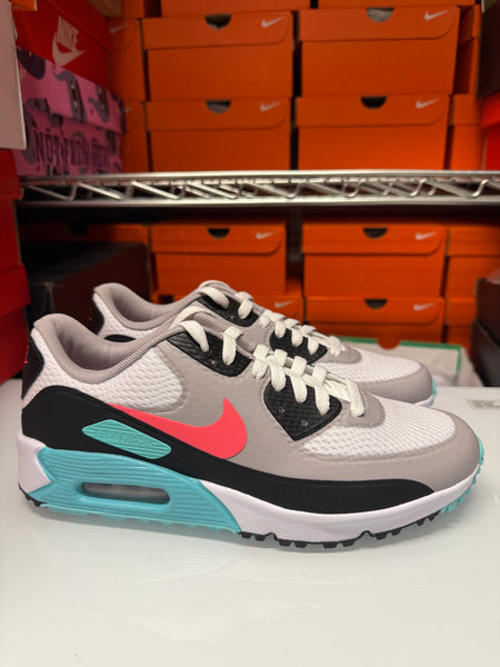 Nike Men's Air Max 90 Golf Shoes White Grey Black Hot Punch CU9978-133